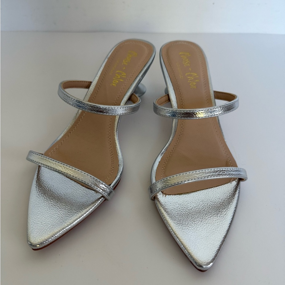 Chase and Chloe pointed toe kitten heel slide sandal in silver